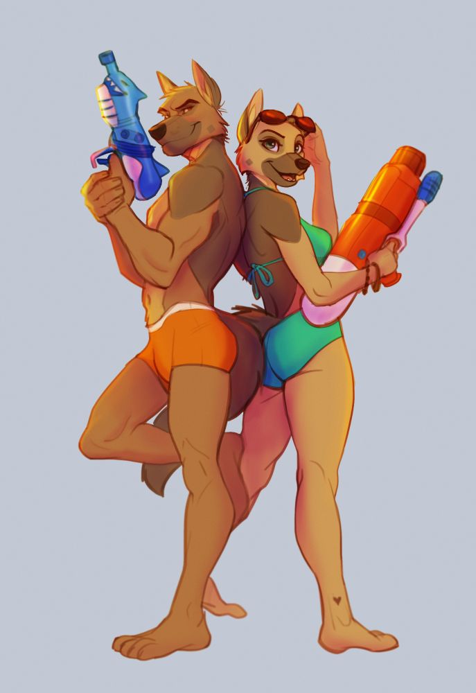 Make and female German shepherd anthro couple posing with water guns. 