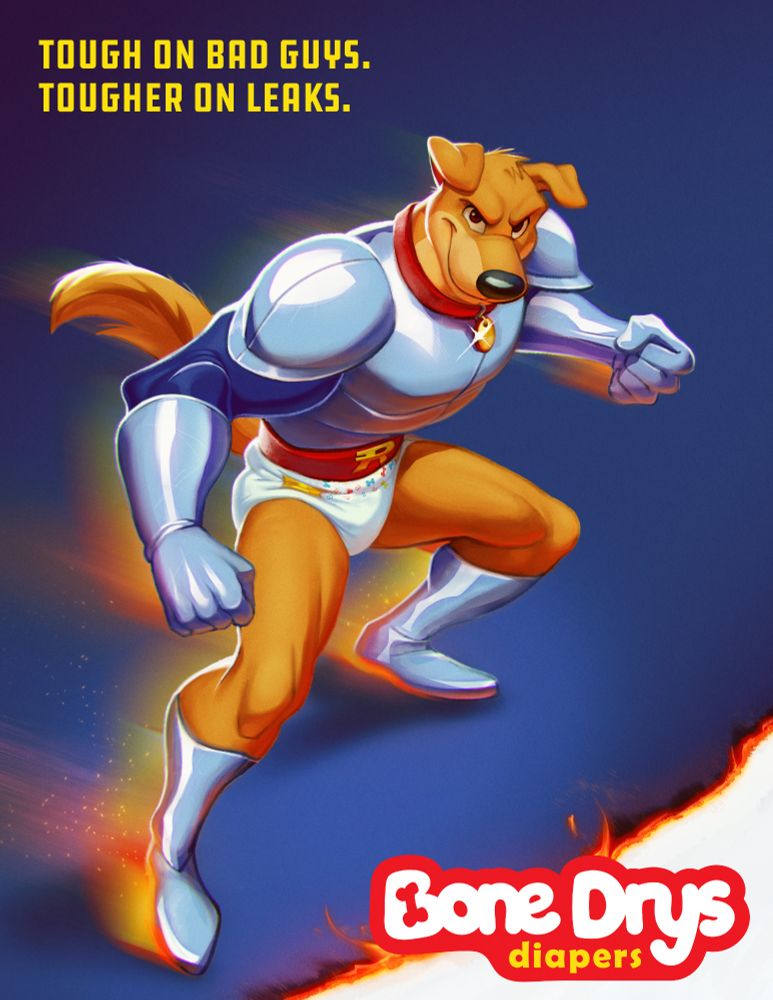 Poster of Hunter from Road Rovers sliding into action wearing his iconic armor and a BoneDrys diaper. Text reads: Tough on Bag Guys, Tougher on Leaks. BoneDrys Diapers. 