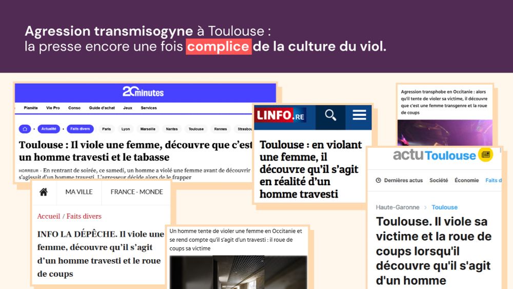 Collage de divers titres de presse ayant couvert l'agression, le viol, d'une femme trans à Toulouse en mars 2025.