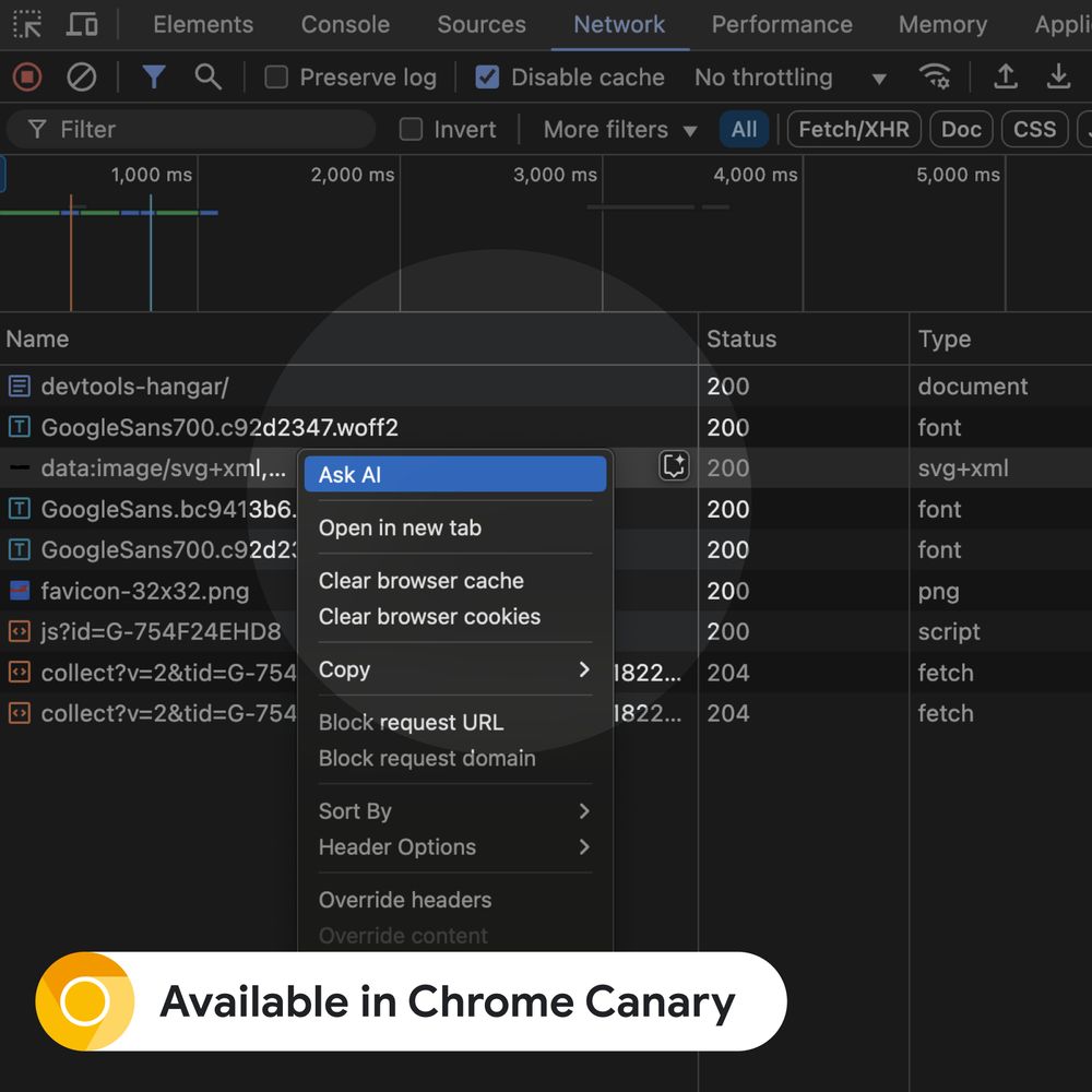 A screenshot of Chrome DevTools, with the Network panel opened. The context menu for an item in the request list is opened, with "Ask AI" inside it being highlighted.