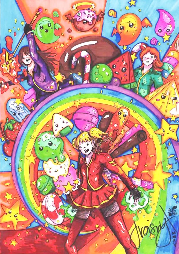 A very chaotic, gaudy, rainbow coloured drawing I did with Sharpie markers 10 years ago (2015) featuring three magical girls. One stands in front, on the bottom of the image, she wears a red shirt with two rank chevrons on her upper arm, red pleated miniskirt and thigh high red boots. She has light skin, blond hair in pigtails, beady black eyes. She conjures some kind of poison spell in her hands. Around her are a bunch of oversized kawaii sweets and food: chocolate sticks, Pocky, onigiri, lollipops, ice cream scoops in a stack, peppermint drops, hard sweets, and around them is a six colour rainbow swirl with stars popping out of it. Then there's the top half of the image. On the left side of that is a slightly darker skinned girl (still light skinned) dressed in the same clothes as the first girl, but purple, and wielding a strange X-shaped gold staff with a pink jewel set in the middle. She seems to be commanding fire from it. She has long brown hair. On the right side is another girl dressed in the same way, but green, and she has light skin, freckles, and red hair. The two girls are surrounded by oversized kawaii fruits and sweets: strawberries, cherries, ice cream, marshmallows, a watermelon slice, a pineapple slice, some Pez candy, some candy canes, more hard sweets... Some stereotypical floating kawaii ghosts hover above them. The background that is not rainbow is blue and orange, in a sunburst pattern. My signature was different a decade ago; I used to base it on my actual username, Troisnyx, rather than the tilted triquetra, and there'd be a cross square with the letters AMDG around it. The year stamp is next to the signature and is vertical, MMXV