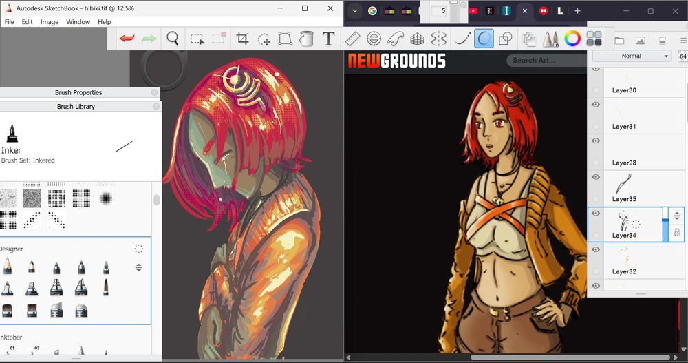 A screenshot with two drawings side by side, left from now, right from 2020, both featuring the same OC: a tan girl with short red (not orange, red) hair, a beige crop top with orange criss-cross bands over it, a brown leather jacket, brown shorts, and a simple string necklace with two bells for the pendant. She also wears a very special hairpin in her hair: a golden hairpin in the shape of the capital H glyph in the Hymmnos language from the Ar tonelico series of games. The one on the right was drawn in Microsoft PowerPoint and looks more like a cartoon character, and features her standing in 3/4 view. The one on the left is currently being drawn in Autodesk Sketchbook, and looks more like a messy digital painting, and features her crying and holding her body in an attempt to comfort herself