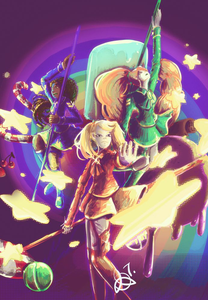 A digital drawing only recently finished, from yours truly, featuring three magical girls, all wearing blouses with cravats, gold trim, two gold chevrons denoting their rank on their sleeves, flowing miniskirts, and knee-high boots, and wielding staves, in their respective colours. Girl in the front has pale (not White) skin, blond hair, wears red, and holds her staff diagonally across the bottom half of the drawing. Two girls stand behind her, forming a triangle. Girl on the left is Black, has dark brown long braids reminiscent of Star Trek: Discovery's Michael Burnham from later seasons, has dark brown eyes, and wears blue, and is thrusting her staff downwards. Girl on the right is White Irish, has brown eyes and long puffy red hair in a ponytail, wears green, and is brandishing her staff upwards, behind her. All three seem to be conjuring up a spell where a slew of yellow 5-pointed stars flood the field and are sent out towards the unseen enemy. Around the girls are a bunch of sweets and a few fruits floating in the background: a peppermint drop, some hard sweets, some candy canes, chocolate curls, a popsicle, and an ice-cream scoop. The background is a deep purple, with a rainbow swirl extending from the centre of the image, clockwise, growing bigger until it leaves the image by the bottom right. My tilted triquetra signature is just slightly off centre, white, above one of the boots of the girl in red