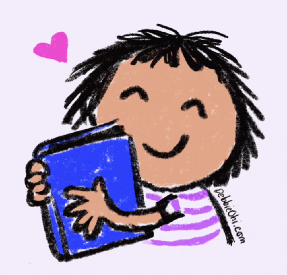 a cartoon of a girl holding a blue book with the website debbiechi.com written below her