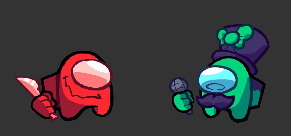 a red bean shaped among us impostor with a knife facing a lime bean shaped among us crewmate with a tophat and mustache. fnf sprite fnf vs impostor