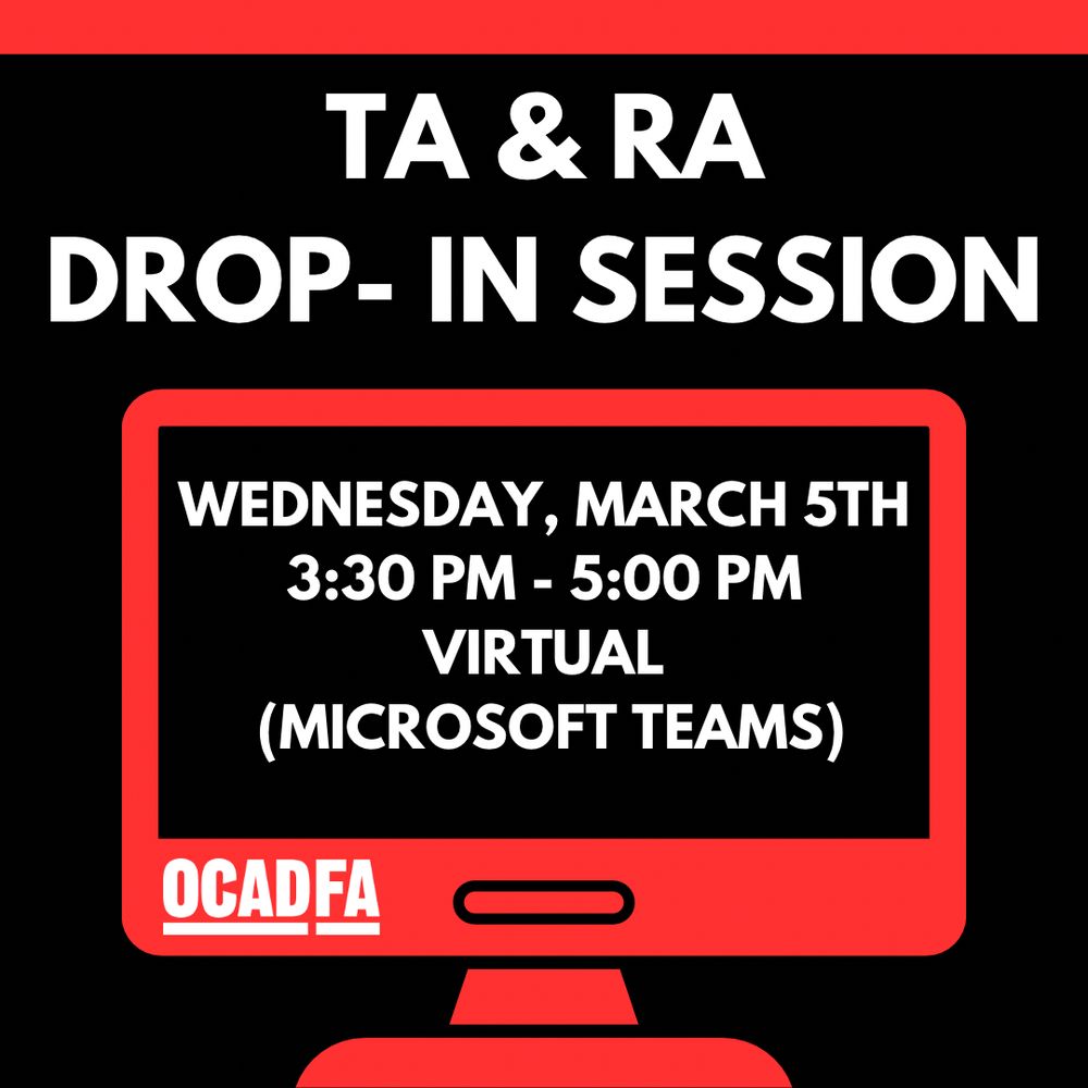 TA and RA drop in session. Outline of desktop computer in red with text reading date of location of event. Wednesday, March 5th 3:30 to 5:00pm. Virtual on Microsoft teams.