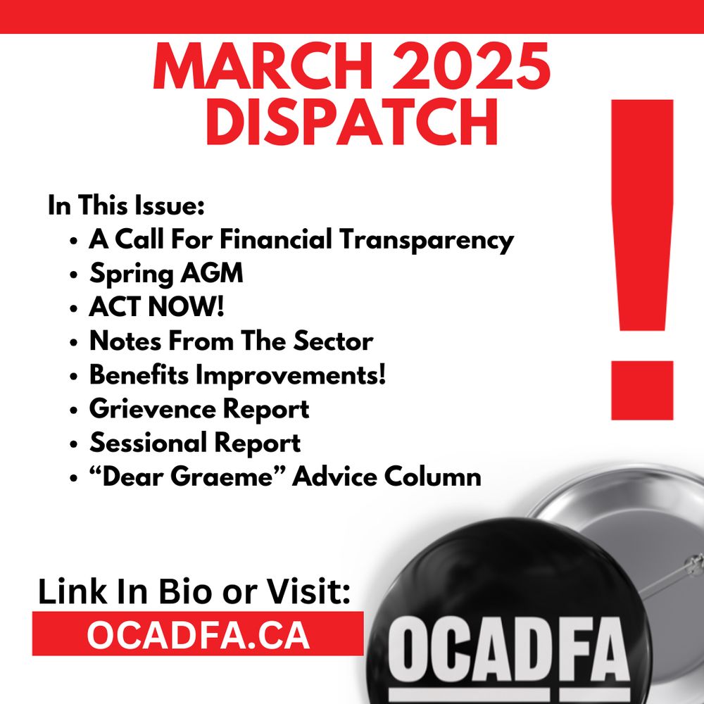 Poster for March 2025 Dispatch released. Contains list of what is in the issue and a link in bio. Red exclamation mark and OCADFA logo on button on right hand side.