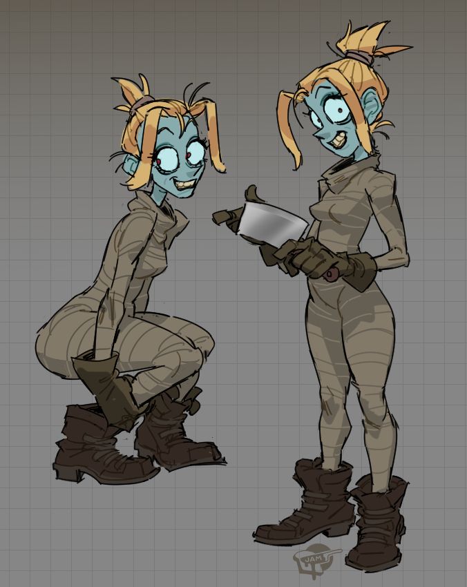 illustrated fanart of the upcoming Glitch indie animated series, The Gaslight District, of the main character- a corpse-like girl with light hair in a ponytail, entirely wrapped in bandages, wearing large boots and gloves, brandishing a meat cleaver, she has a crazy look in her eyes