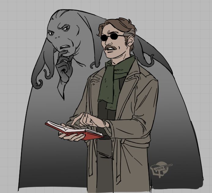 fanart for the Malevolent podcast, showing how John must act as Arthur's eyes and read/see/investigate on his behalf as they work together. He leans over Arthur's shoulder to read what's written in a book