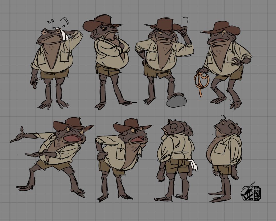 illustrations of an athropomorphic cane toad, who wears khaki shorts, a little button up shirt and a wide-brimmed hat. He seems a little ornery