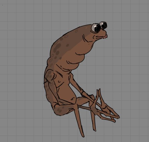 a silly scribble doodle of the viral tiktok sensation Marcus, a vrchat avatar of a strange orange alien with long limbs and frog-like eyes. he sits, pensively tenting his fingers together in thought