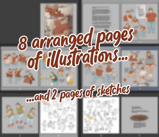 a small group of thumbnails from the zine, overlaid with the text "8 arranged pages of illustrations and 2 pages of sketches"