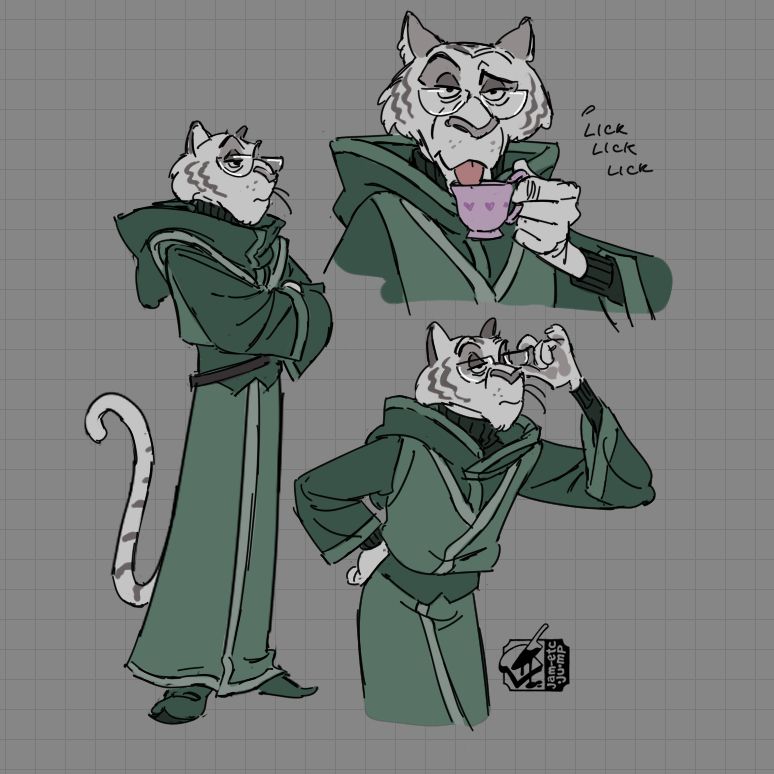 illustrated fanart of Frost, a white tiger tabaxi with a green robe, from the Avantris DND live-play. He has a huge hood and a Carl Sagan-like corded knit sweater underneath his robe, because his voice sounds just like him and so that's what came to mind. He adjusts his glasses in one drawing, in another he's lapping up tea from a teacup like a cat would