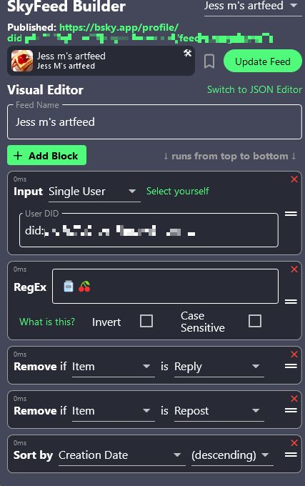 instructions for making your own art feed using skyfeed. If you select yourself, add a regex keyword, remove all replies and reposts, then 'generate' it, that link is now your art feed!