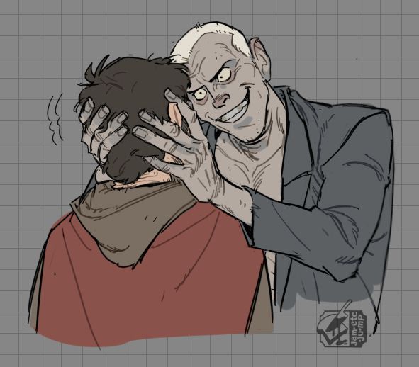 fanart illustration from the podcast Malevolent. Kayne- an emaciated, corpse-like man with mottled skin, grey teeth, very short cropped hair and a tattered blazer jacket on, grasps the head of Arthur, a man with brown hair and a beard, wearing a hood and cape. Kayne's facial expression is an angry, frustrated smile of gritted teeth, while he stares directly into arthur's face threateningly