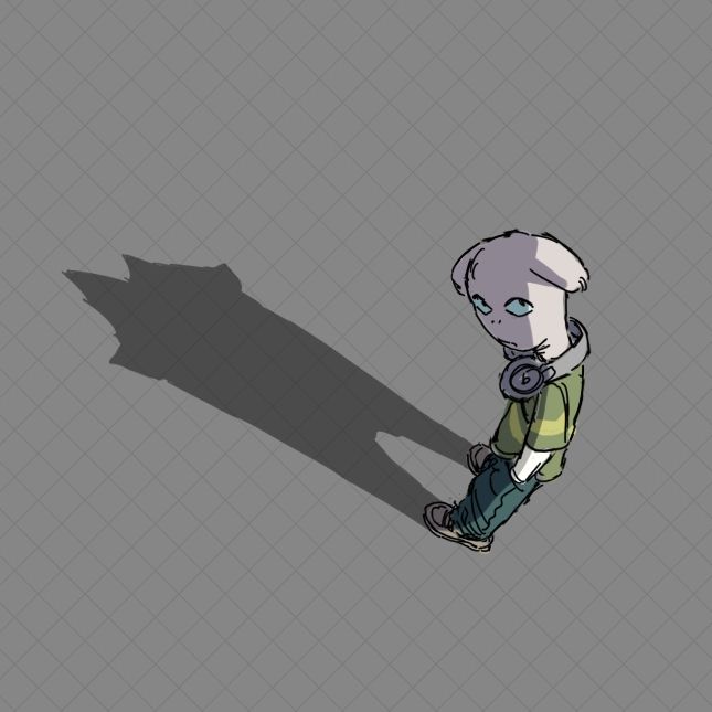 Fanart illustration of Togore, a fan character for the game Deltarune. He's a little white furred fellow with big eyes and short floppy ears, a green T-shirt and baggy jeans, as well as a pair of headphones around his neck. He looks over his shoulder at somebody. Meanwhile his cast shadow looms, not quite matching with him, it seems a bit mysterious