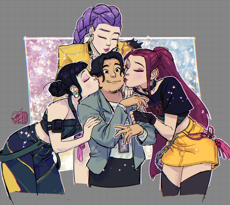 illustration fan art for the upcoming netflix animated film KPop Demon Hunters, where the 3 main singers- Rumi, with a long purple braid and yellow driving jacket, Mira with long maroon hair, crop top t-shirt and yellow skirt, and Zoey with braid buns hair and a sporty embroidered halter top- give their diminutive manager Bobby, a comparatively plain and downstated guy with fluffy hair and sensible sport coat over a band t-shirt, a big kiss on the cheek together