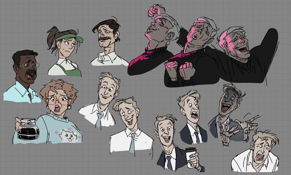 illustrated sketches fanart of the main characters of The Guy Who Didn't Like Musicals, including Paul, the main character, a man with a longish face, blonde hair and affable expressions, Emma, a barista with a brown ponytail, Ted, a smarmy mustached man, Bill, an older man with dad-glasses and dad-mustache as well, Charlotte, a cat-sweater-wearing nice lady with large glasses holding a coffee pot, and Prof. Hidgens, a musicals-obsessed physicist who belts his heart out with extreme lighting