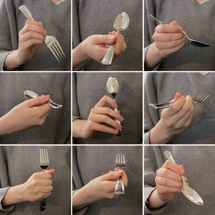 Various reference photo poses of someone holding forks and spoons as one would use to eat, showing difficult to draw angles