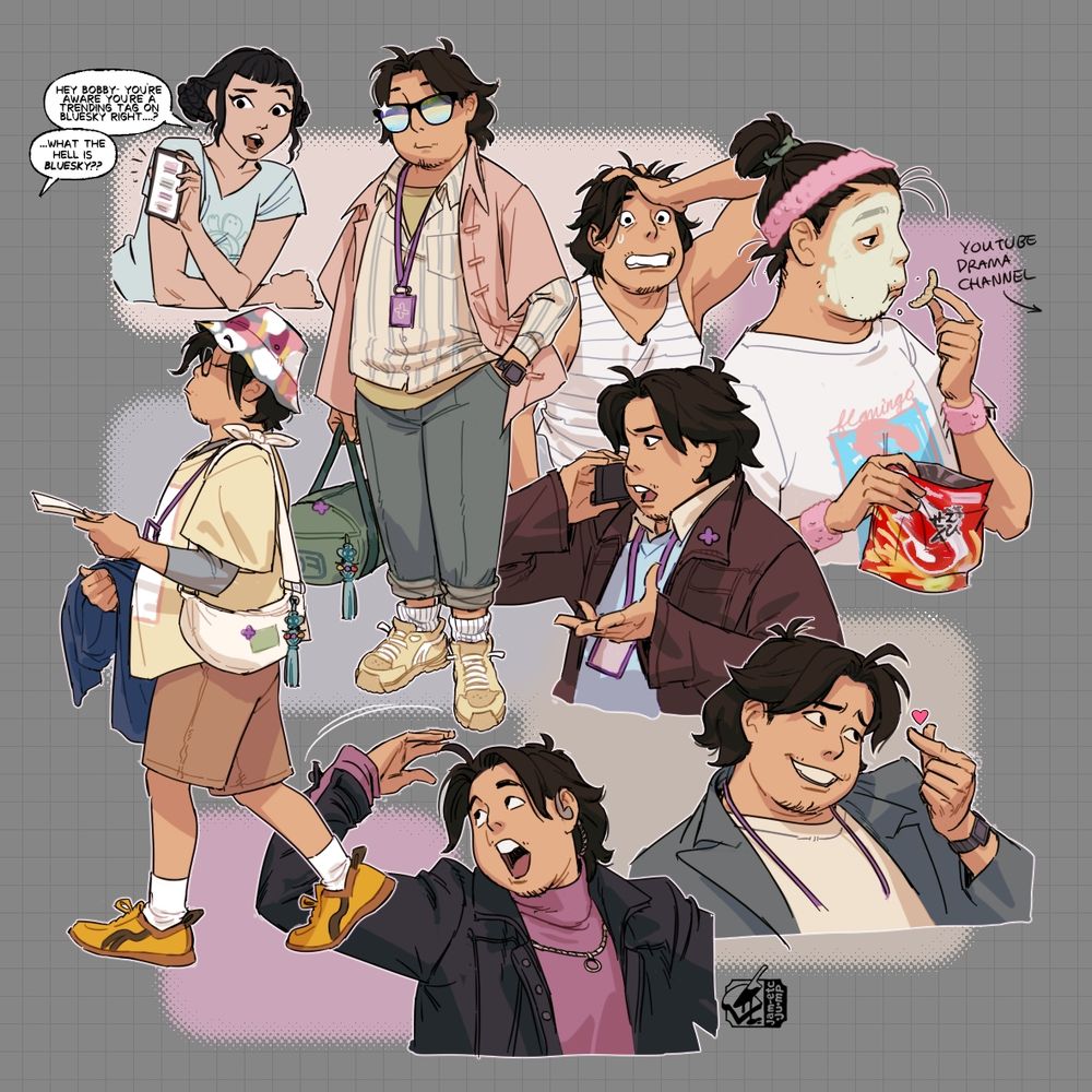 a collage of fanart illustrations of the manager Bobby from the recent netflix animated film Kpop Demon Hunters, wearing diffferent fashions because he's just fun to draw, all right, leave me alone. Clockwise from top right: Him with a korean skincare facepack eating shrimp chimps, talking on a phone with a brown jacket, making a little heart with his fingers, yelling directions with an earpiece in his ear and a leather jacket, him wearing comfy airport clothes with a purse and airplane tickets, Zoey informing him that he's famous on bluesky, a regular sort of outfit with a pink overshirt and striped shirt under it, him freaking out a bit and grabbing his hair with a tanktop on. 