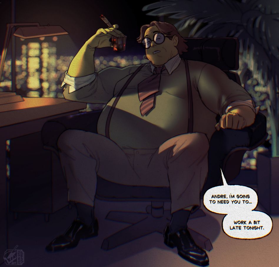 an illustration of a smoky 80s office in a skyscraper, a large, strong looking man sits in a leather executive chair, holding a whiskey glass and a cigar. He wears a very 80s style type, business shirt with rolled up sleeves, in a suggestive pose. he says in a comic balloon, "Andre, I'm going to need you to... work a bit late tonight." the aura of this is an 80s magazine ad or something, it's meant to be TOO serious that it's funny and silly