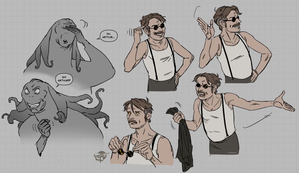 design illustrations from the Malevolent podcast, expressions of characters Arthur(a regular looking man from the 1930s with a moustache and black glasses, as he's a blind man) and John(a shadowy eldrich monster) who is mostly angry but sometimes he gets exited so that's nice