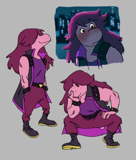 various drawings of susie from deltarune and her outfit