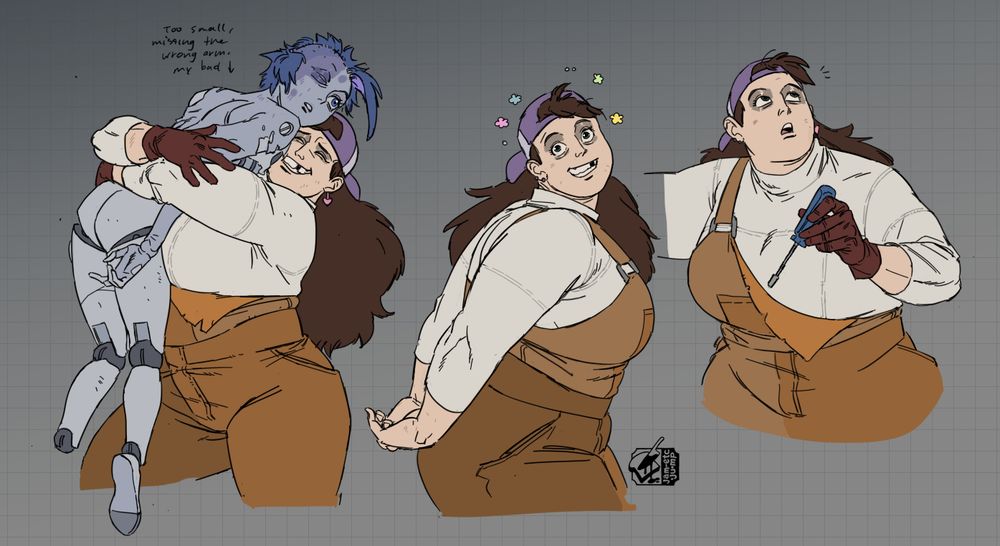illustrations of Frankie, a character from the new glitch series Knights of Guinevere, a strong looking girl with bushy brown hair, visibility orange overalls and a white sweater. She has a purple baseball cap and her face seems weary but cheerful with several teeth missing. She hugs the damaged robotic gwen like a child would hug a new doll on christmas, looks excited with her hands behind her back, looks upward at someone yelling at her, while she holds a screwdriver 