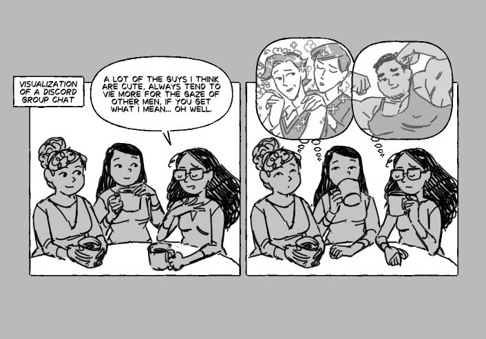 two panel comic: a girl talk to two other girls over coffee, saying "a lot of the guys i think are cute, always tend to vie more for the gaze of other men, if you get what i mean... oh well." the next panel the other girls imagine your typical fujoshi gaze of sexy yaoi boys, the original girl thinks instead of a big bara hunk