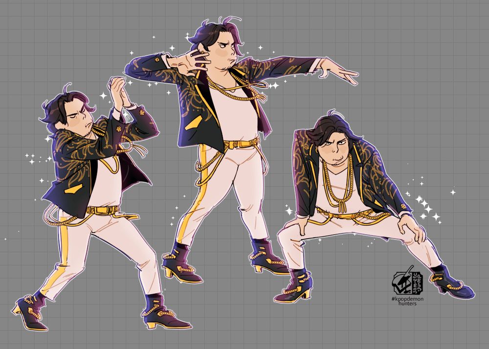 illustrated fanart of the band manager from the netflix animated film Kpop Demon Hunters, Bobby- a short korean man with fluffy hair- wearing a glittering black and gold jacket and white pants like the singer girl counterparts of the film and doing some silly dance moves