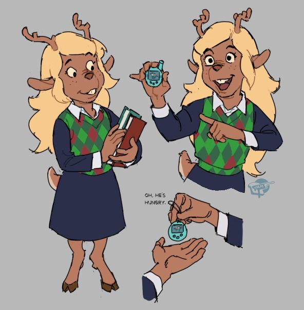 drawings of Noelle from Deltarune, in her overworld school uniform, including a tamagotchi version of spamton for no reason