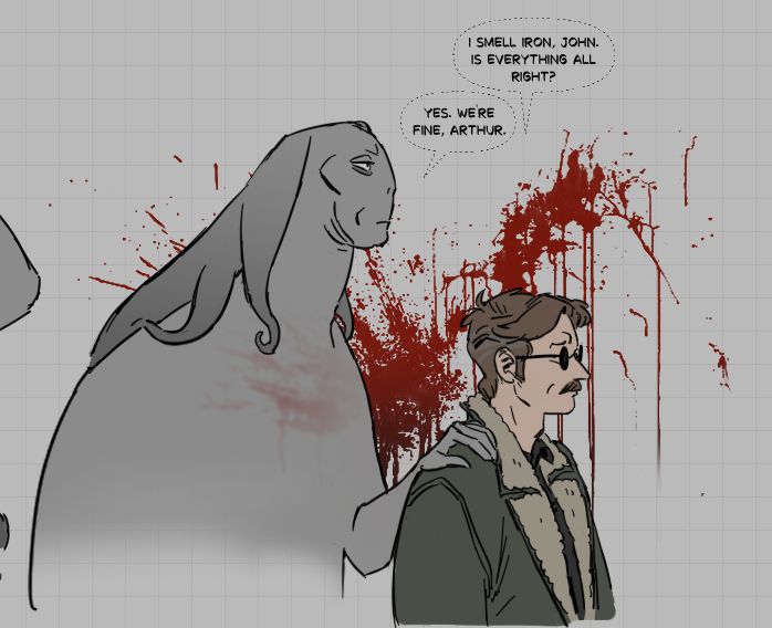 fanart for the Malevolent podcast, John is not a reliable cohort of Arthur's and often lies or misrepresents the situation to Arthur when he thinks it might help their situation. Arthur dialogue "I smell iron, John, is everything all right?" John "Yes, we're fine, Arthur" as he guides him past a blood-splattered wall