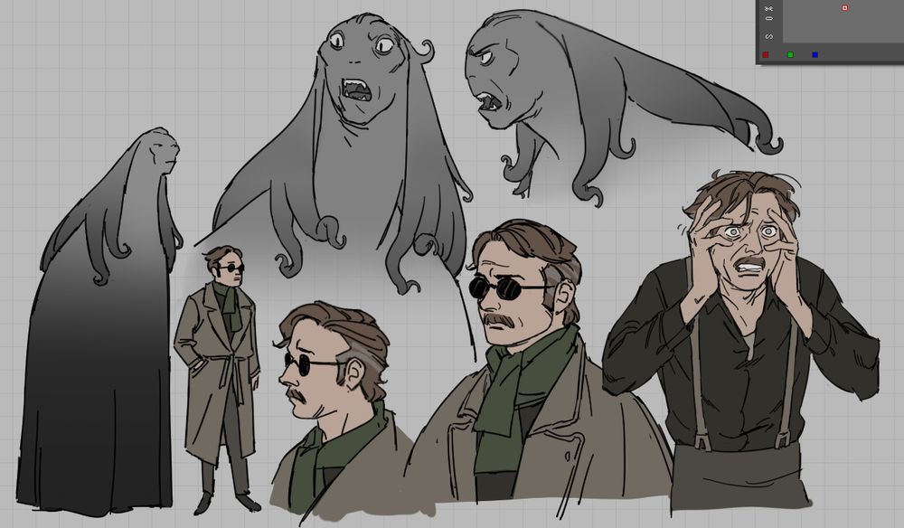 illustration designs, a 1930s man who wears dark glasses to hide his now nonfunctional eyes. He has a scarf and a trench coat. The entity that haunts him is a tall creature that resembles a gargoyle with tentacles coming out of his head like hair, very hellboy-esque