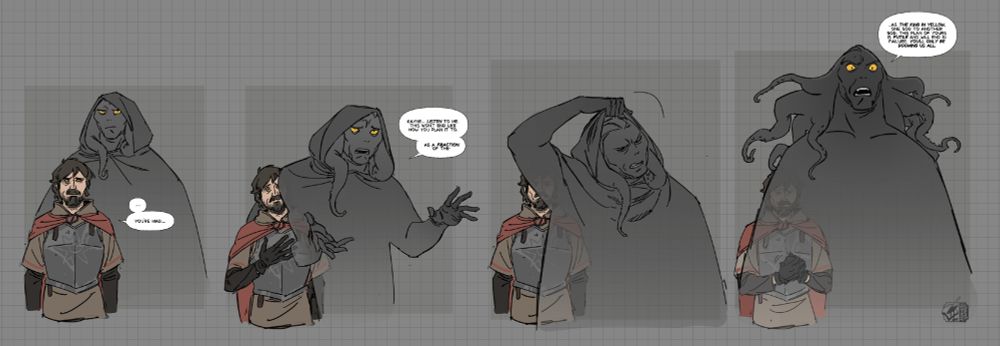 a sequential series of drawings for a scene from chapter 52 of Malevolent. Arthur, a disheveled man wearing medieval garb, says "...you're mad..." with disbelief. Behind him, John, a tall shadowy figure wearing a hood, steps forward, through Arthur.  He begs Kayne, not pictured, to listen to him, his plan won't end like he thinks it will. "as a fraction of the-" He pauses, and pulls back his hood, showing a more frightening, monstrous form with a dire expression, "...as the King in Yellow, one god to another god, this plan of yours is futile and will only end in failure. You'll only be dooming us all."