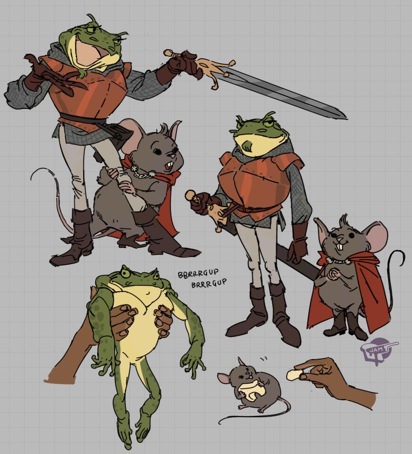 fanart illustrations from the Starkid musical Cinderella's Castle, Sir Hopps- a frog knight, transformed from a huge flabby toad into a valiant knight wearing copper armour, made from the copper pans he was to be cooked in, and a big sword from its handle. His squire is a cute little mouse with a scrap of red cloth as a cape and boots