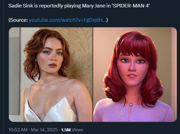 twitter screenshot announcing Sadie Sink is to play Mary Jane in some new spider-man movie or something.  