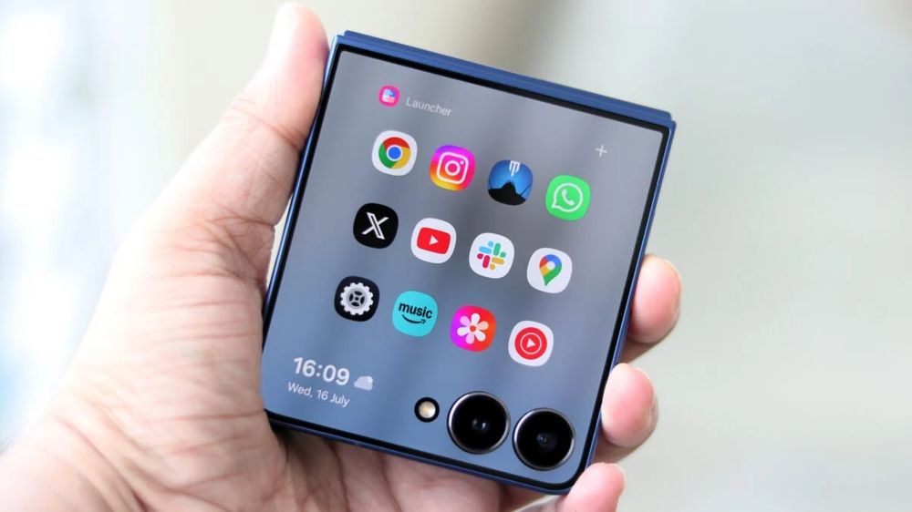 photo of the z flip 7, a square flip phone, showing its outer cover screen which is just a square screen 