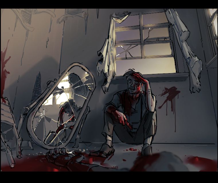 illustrated fanart from Malevolent, main character Arthur slumps against a wall in a decrepit old room of a mansion, blood splattered everywhere including on him, he's holding a straight razor and the corpse of his attacker in the foreground in a puddle of blood. There's smashed furniture everywhere including a broken mirror that shows his partner John invisibly in its reflection. The sun is only just rising outside.