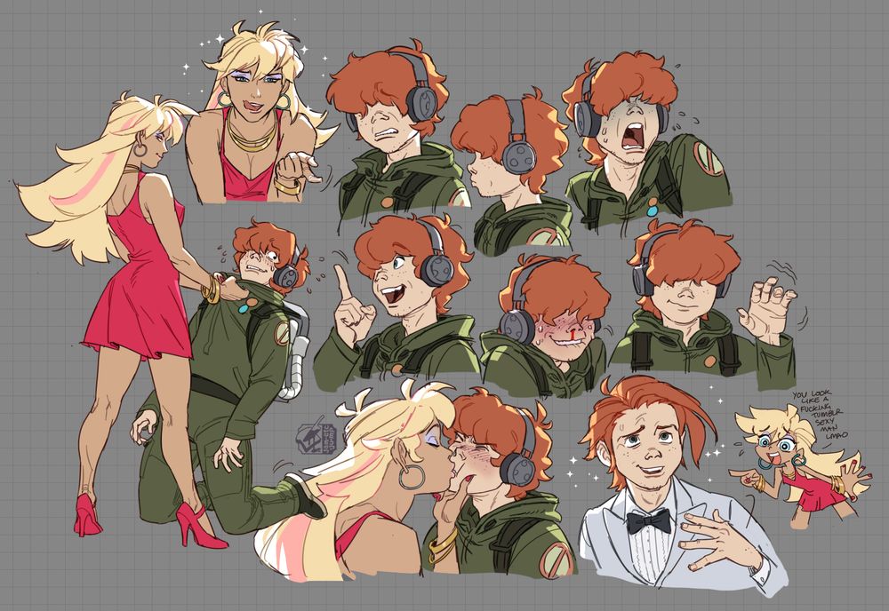 fanart from the anime Panty and Stocking, of Panty- a sexy blonde white woman with long bleached hair and a pink streak, wearing a red cocktail minidress and heels, with colourful 80s makeup. She teases "Brief", her sidekick of sorts, a dorky redheaded geek with fluffy hair, flight suit, and cheap ghost-busting gear. He obviously has a huge crush on her which she exploits with a catty expression.