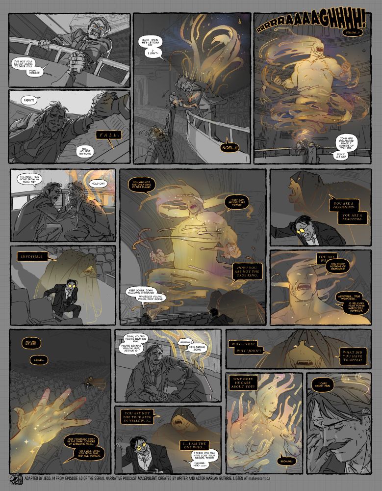 a large single comic page adapted from the Malevolent podcast, episode 40. Arthur, a suit wearing man with a mustache, grips the hand of Noel, a trenchcoat wearing detective with a tie and a 5-oclock-shadow, as he dangles off the side of a massive theater balcony. Arthur is losing his grip as an off-screen ethereal voice commands Noel to 