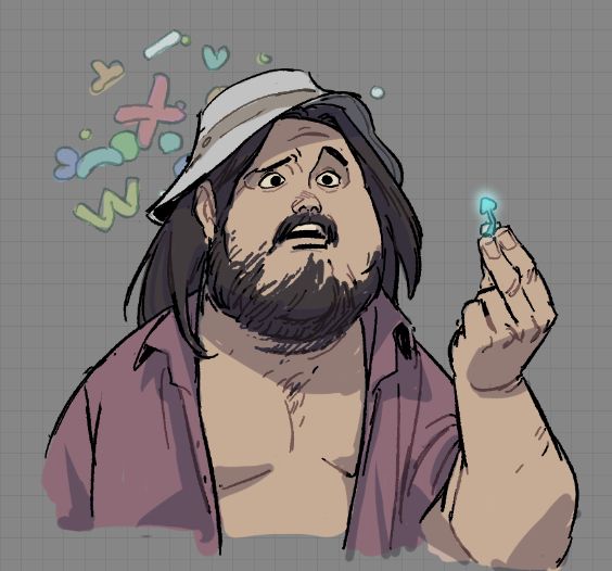 Illustration of Marshall Cuso, main character of the adult swim series Common Side Effects, a man with long brown hair and patchy beard, bucket hat and a pink shirt. he holds up a tiny blue mushroom in awe