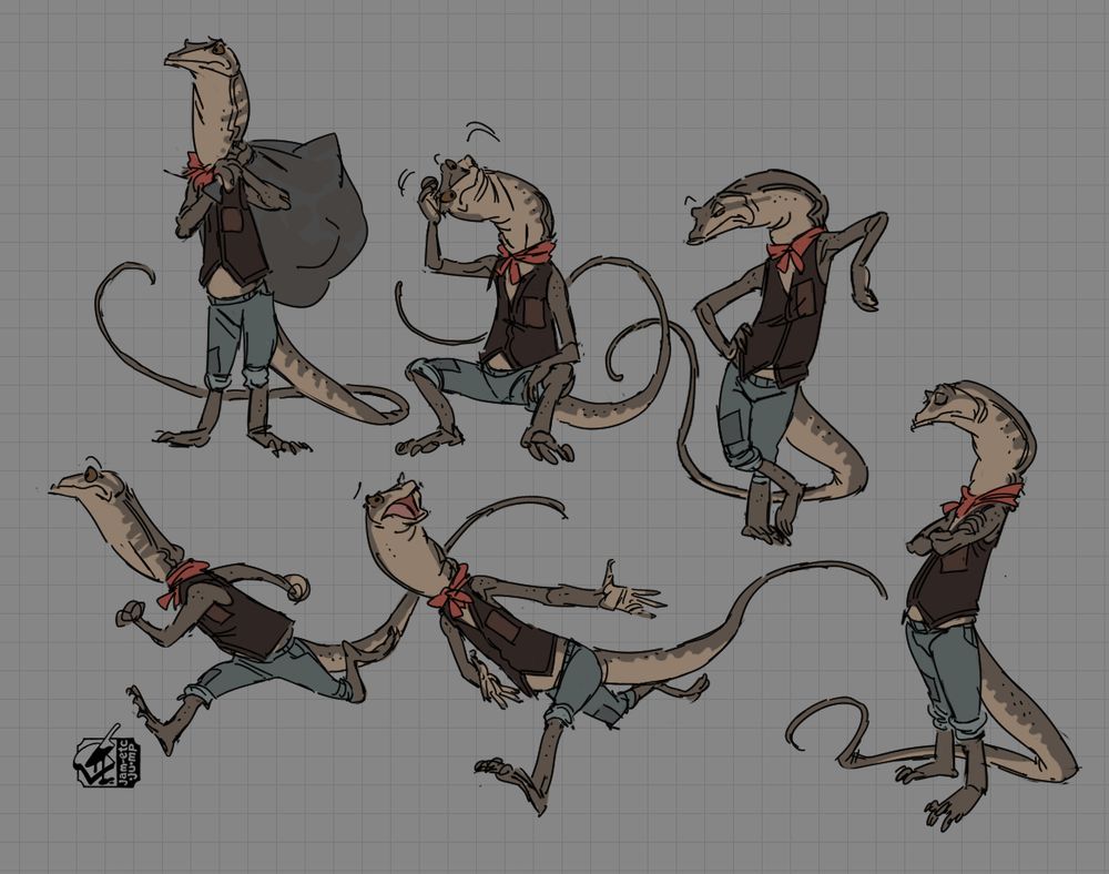 illustrations of an anthropomorphic sand monitor lizard, wearing a vest and rolled up jeans, with a little bandanna around his neck. He's got an extremely long tail and long neck 