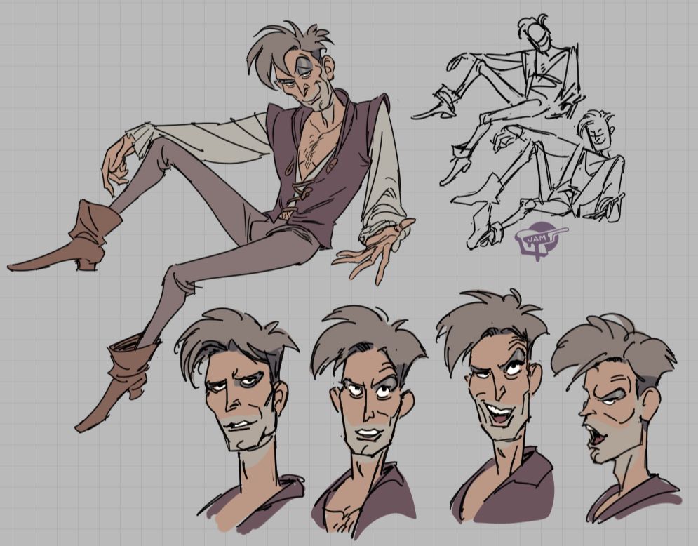 fanart illustrations from the Starkid musical Cinderella's Castle, the "Narrator", a david bowie sort of rogue wearing a flowy open shirt, medieval boots, with several expressions to capture Jeff Blim's unique face- He has spiky hair and killer eyeshadow