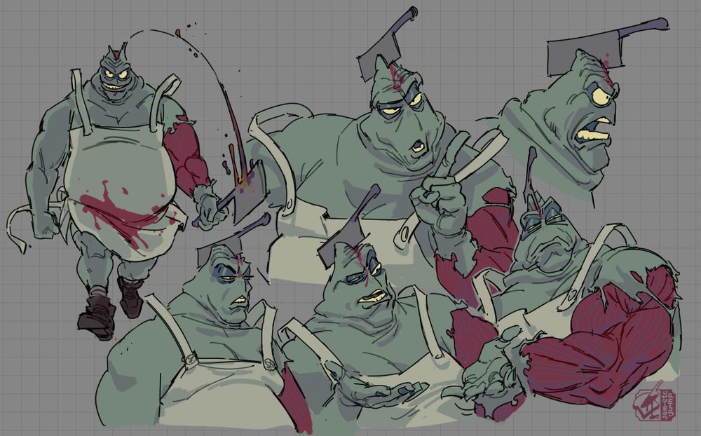 illustrations of Ken, a character from the indie series The Gaslight District, a massive greenish zombie-like butcher with blood-stained apron and a cleaver driven into his forehead. part of his skin is torn away showing only muscle.