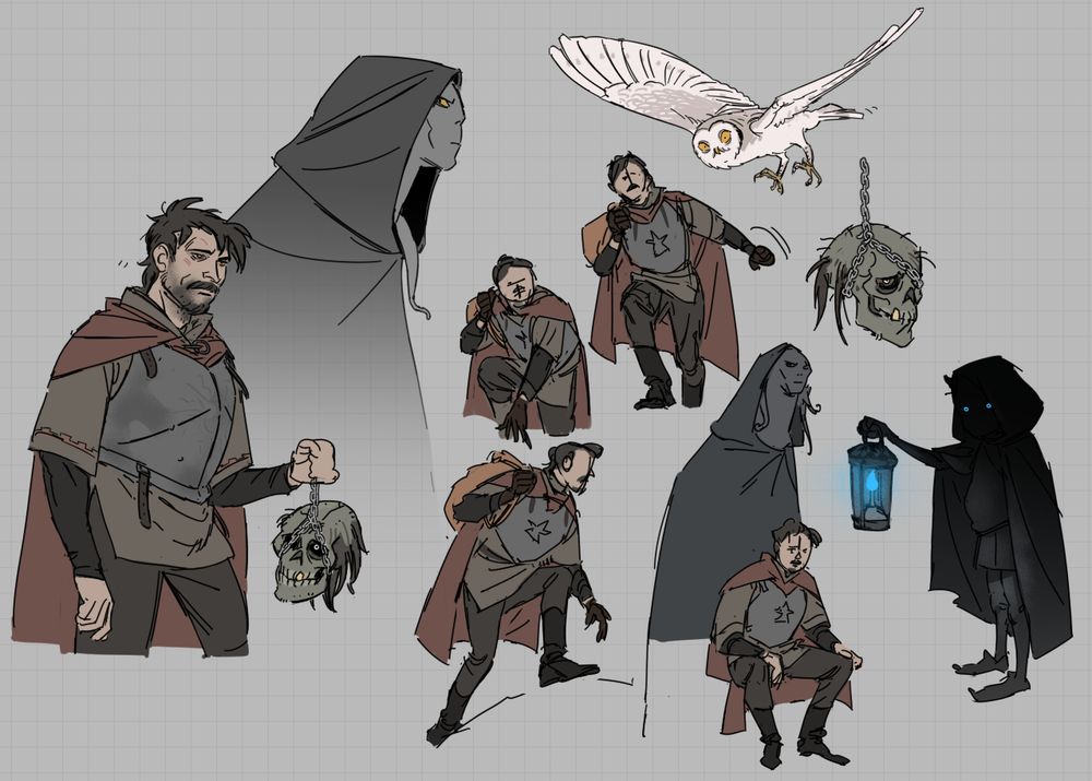 several designs of Arthur, a rough-looking man wearing a metal breastplate and shabby clothing with a red cape, carrying a corpse's skull by a chain that seems to still be alive. Accompanying him his a large grey entity with a hood. Also featured is a creepy flying owl and a strange entity carrying a will-of-the-wisp lantern