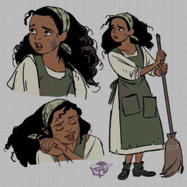 fanart illustrations from the Starkid musical Cinderella's Castle, of Cinderella- a black girl with hair tied by a green scarf, wearing a green dress and apron, holding a broom, or singing with her hands clasped