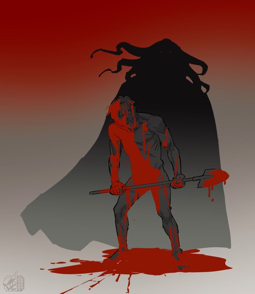 A graphically intense illustration of Arthur Lester, staring, stripped of his clothes and completely covered in splatters of blocky unshaded red blood. It drips down his face and over his hands, covering the spade he used to defend himself. A massive pool of it is on the ground. Behind him looms John, the ghostly spectral entity that haunts him, dehumanized into just two glowing pinpricks of light for eyes in a dark shadow. The sky is hazy and blood red.