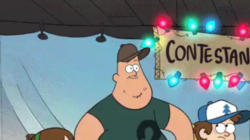 a cartoon character is standing in front of a sign that says contestan