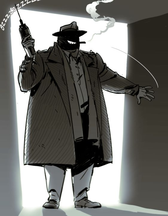 illustrated fanart of beloved 80s film Uncle Buck, of the iconic scene where the titular character uses a drill to break down a door and save his teenage niece from her shitty boyfriend taking advantage of her, he slams open a door and appears silhouetted like a spectre of death