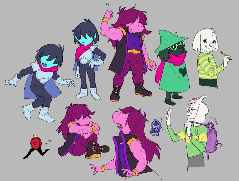 a bunch of sketches of kris, susie and ralsei from chapter 1 of deltarune